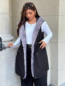 Easura Plus Size Autumn/Winter Hooded Waist-Cinching Fleece Lined Padded Vest - Black - View 6