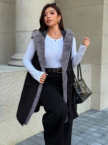 Easura Plus Size Autumn/Winter Hooded Waist-Cinching Fleece Lined Padded Vest - Black - View 5