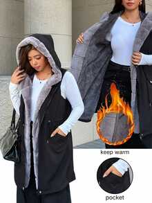 Easura Plus Size Autumn/Winter Hooded Waist-Cinching Fleece Lined Padded Vest - Black - View 1