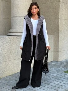 Easura Plus Size Autumn/Winter Hooded Waist-Cinching Fleece Lined Padded Vest - Black - View 7
