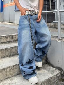 STEELVANCE Street Style Vintage Fashion Versatile Distressed Washed Cat Whisker Design Loose Straight Leg Wide Leg Casual Denim Jeans - Blue - View 3