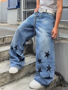 STEELVANCE Street Style Vintage Fashion Versatile Distressed Washed Cat Whisker Design Loose Straight Leg Wide Leg Casual Denim Jeans - Blue - View 7