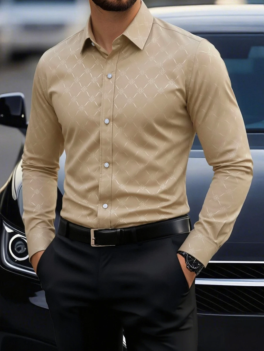Manfinity Mode Men's Button Down Long Sleeve Slim Fit Business Formal Shirt, Long Sleeve Men Shirt, Old Money - Apricot - View 1