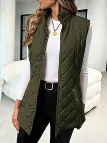 Solivie Women's Quilted Zip-Up Padded Vest Jacket, Casual Vintage Autumn/Winter Everyday Travel Olive Green - Army Green - View 4