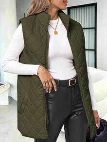 Solivie Women's Quilted Zip-Up Padded Vest Jacket, Casual Vintage Autumn/Winter Everyday Travel Olive Green - Army Green - View 5