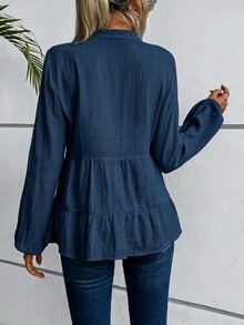 SHEIN 缺口領燈籠袖荷葉邊下擺鬆身洋裝上衣荷葉邊上衣 - 藏蓝色 - 查看 2