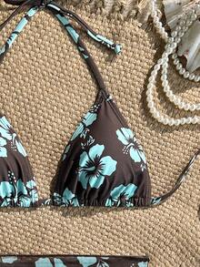 Swim Basics 3pcs/Set Floral Print Halter Neck Bikini With Tie Knot Mini Skirt For Summer Beach Vacation - Multicolor - View 4