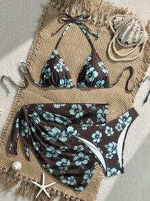 Swim Basics 3pcs/Set Floral Print Halter Neck Bikini With Tie Knot Mini Skirt For Summer Beach Vacation - Multicolor - View 2