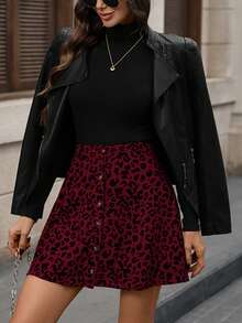 SHEIN LUNE Women's Leopard Print Corduroy Button Front Skirt - Burgundy - View 8