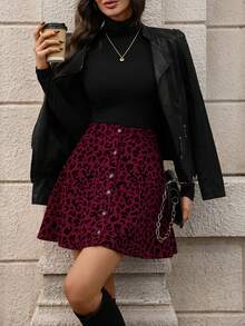 SHEIN LUNE Women's Leopard Print Corduroy Button Front Skirt - Burgundy - View 4