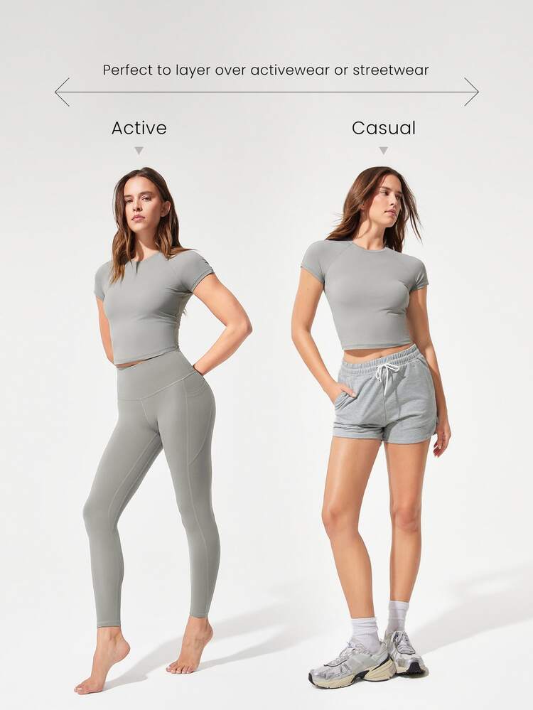 GLOWMODE Glow Era Soft Stretchy Round Neck Slim Fit Cropped Short Sleeve Active Crewneck Tee Low-Impact Yoga Pilates Gym Studio Daily Casual Wear - Grey - View 6