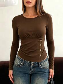 Selianne Kaos Wanita Kasual Vintage Warna Cokelat Tua Musim Gugur, Kerah Bulat Elastis Rajut, Pinggang Berkerut Horizontal, Plaket Palsu, Dekorasi Kancing, Sehari-hari - Coklat - View 6