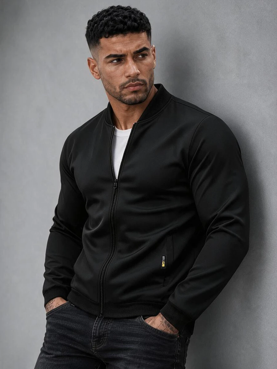 EGENSIO Men's Minimalist Solid Color Zipper Baseball Collar Long Sleeve Jacket And Outerwear - Black - View 1