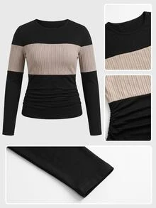 Freevana Plus Size Women's Black Long Sleeve Crew Neck Thermal Base Layer, Ruched Waist T-Shirt - Multicolor - View 8