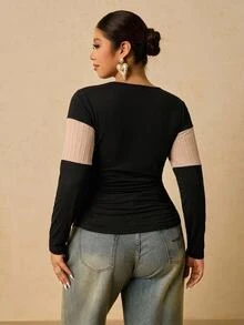 Freevana Plus Size Women's Black Long Sleeve Crew Neck Thermal Base Layer, Ruched Waist T-Shirt - Multicolor - View 2