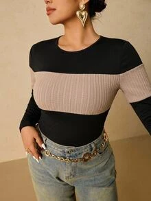 Freevana Plus Size Women's Black Long Sleeve Crew Neck Thermal Base Layer, Ruched Waist T-Shirt - Multicolor - View 5