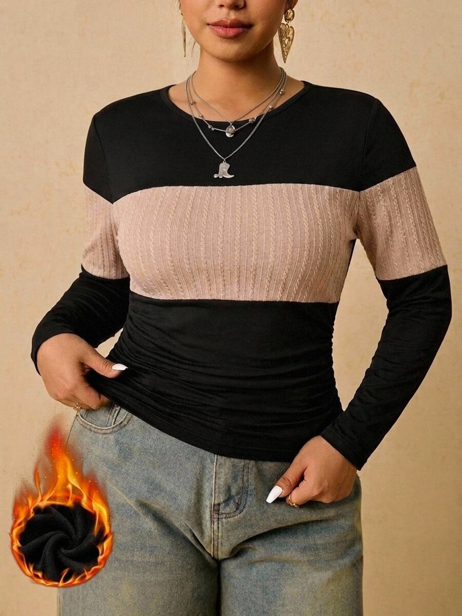 Freevana Plus Size Women's Black Long Sleeve Crew Neck Thermal Base Layer, Ruched Waist T-Shirt - Multicolor - View 1