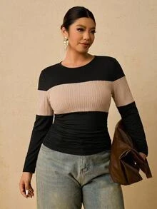 Freevana Plus Size Women's Black Long Sleeve Crew Neck Thermal Base Layer, Ruched Waist T-Shirt - Multicolor - View 3