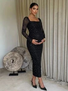 MaterniChic Luxury Evening Dresses Elegant Sexy Chic Black Maternity Party Photoshoot Rhinestone Square Neck Long Sleeve Fitted Halloween Autumn - Black - View 3