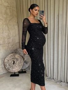 MaterniChic Luxury Evening Dresses Elegant Sexy Chic Black Maternity Party Photoshoot Rhinestone Square Neck Long Sleeve Fitted Halloween Autumn - Black - View 2