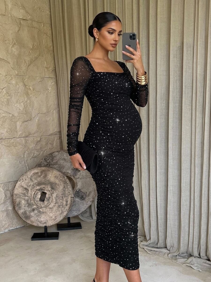 MaterniChic Luxury Evening Dresses Elegant Sexy Chic Black Maternity Party Photoshoot Rhinestone Square Neck Long Sleeve Fitted Halloween Autumn