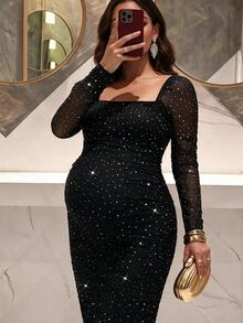 MaterniChic Luxury Evening Dresses Elegant Sexy Chic Black Maternity Party Photoshoot Rhinestone Square Neck Long Sleeve Fitted Halloween Autumn - Black - View 12