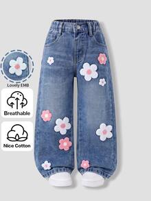 SHEIN ChillGRL 女童牛仔直筒長褲，甜美可愛休閒學院風度假風格日常穿著推薦，水洗中藍色牛仔布，彈性腰頭舒適貼身，寬鬆版型舒適，適合春/秋/冬穿著，可搭配純色T恤或針織衫，適用於日常休閒、校園或家庭出遊場景，風格偏向甜美可愛 - 中等水洗藍 - 查看 4