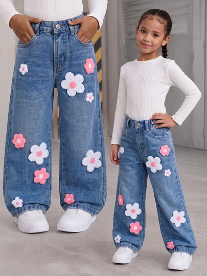 SHEIN ChillGRL Girls' Denim Straight Leg Pants, Sweet & Cute Casual Preppy Vacation Style Daily Wear Recommended, Washed Medium Blue Denim, Elastic Waistband Comfortable Fit, Loose Fit Comfortable, Suitable For Spring/Autumn/Winter Wear, Can Be Paired With Solid Color T-Shirts Or Knitwear, Applicable For Daily Casual, Campus Or Family Outing Scenarios, Style Leaning Towards Sweet & Cute