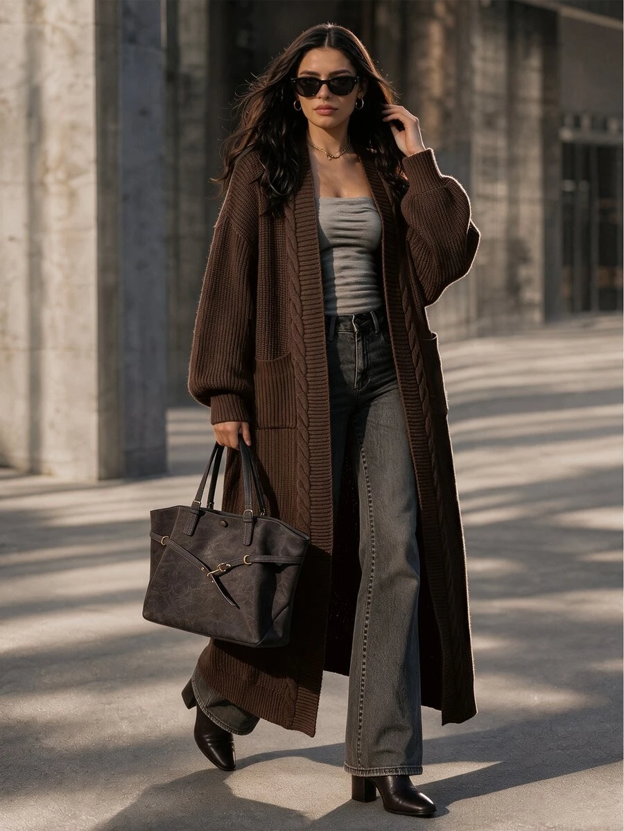 LUMIGAL Women's Autumn/Winter Cable Knit Textured Ribbed V-Neck Buttonless Long Cardigan With Dropped Shoulders, Lantern Sleeves, Pockets, Loose Fit - Multicolor - View 1