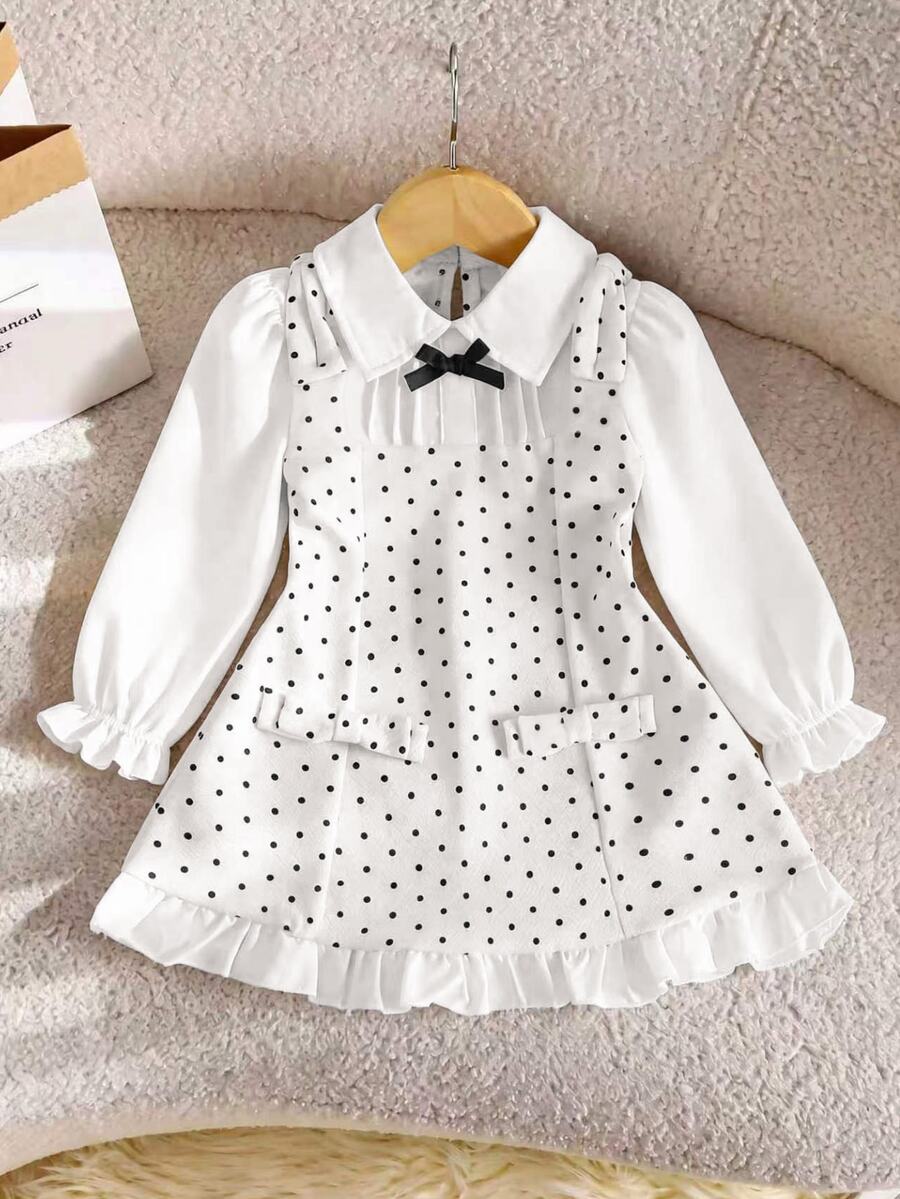 SHEIN Babygirl Cute Polka Dot Bow Collar Dress, Academy Style - White - View 1