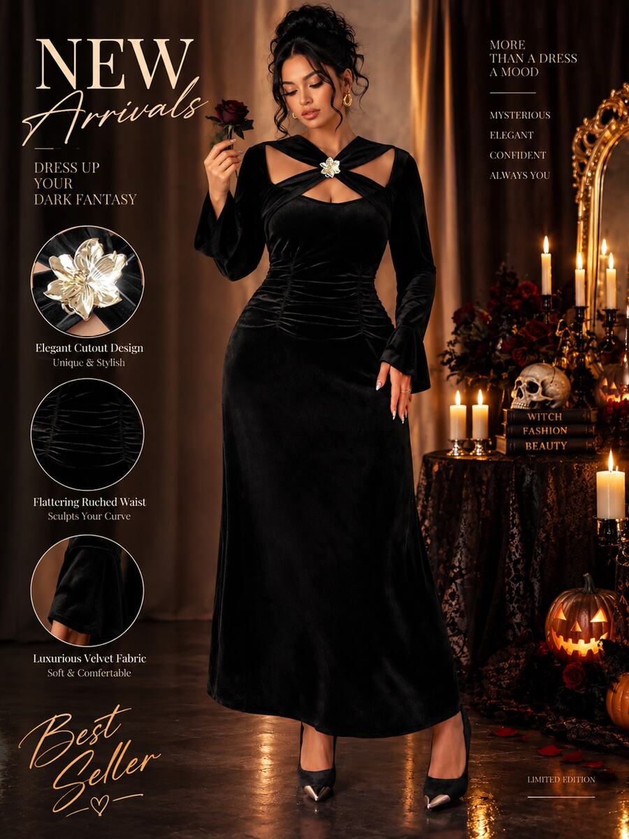 Elenzga Plus Size Elegant Criss-Cross Metal Flower Decor Pleated Dress For Evening Party - Black - View 1