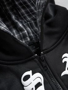 PAVTROS Men's Autumn & Winter Old‑Money Zip‑Up Hoodie, Plaid Splicing & Gothic Letter Print Accents, Perfect Millennium‑Theme Gift For Halloween & Christmas - Multicolor - View 4