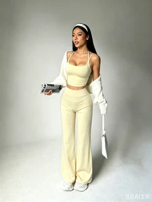 Dewbera Dewbera Women's Solid Color Camisole Tank Top And Long Pants Sports Set - Light Yellow - View 4