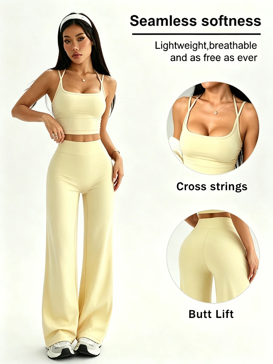 Dewbera Dewbera Women's Solid Color Camisole Tank Top And Long Pants Sports Set - Light Yellow - View 1