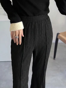 DAZY Women's Solid Color Elastic Waist Ruffle Hem Flare Leg Pants Fall - Black - View 4