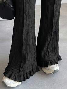 DAZY Women's Solid Color Elastic Waist Ruffle Hem Flare Leg Pants Fall - Black - View 5