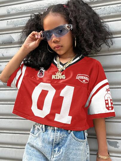 Coolane Kids Kaos Jersey Pendek Leher V Berwarna Merah dengan Motif Angka Jala Berkilau dan Bernapas untuk Pesta Musim Panas/Wisuda/Kasual/Liburan/Pakaian Jalanan/Y2K/Modis untuk Anak Perempuan Remaja.