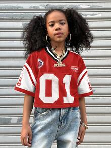 Coolane Kids 少女夏季派对/毕业/休闲/度假/街头风/Y2K/时尚闪亮透气网眼数字图案V领短款针织红色T恤 - 紅色 - 查看 7