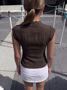 Firerie Women's Colorblock Lace Deep V-Neck Sleeveless Sexy Blouse, Elegant Lace Blouse, Vacation Blouse, Suitable For Spring And Summer - Brown - View 2