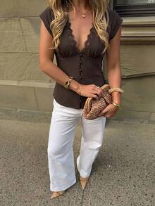 Firerie Women's Colorblock Lace Deep V-Neck Sleeveless Sexy Blouse, Elegant Lace Blouse, Vacation Blouse, Suitable For Spring And Summer - Brown - View 6