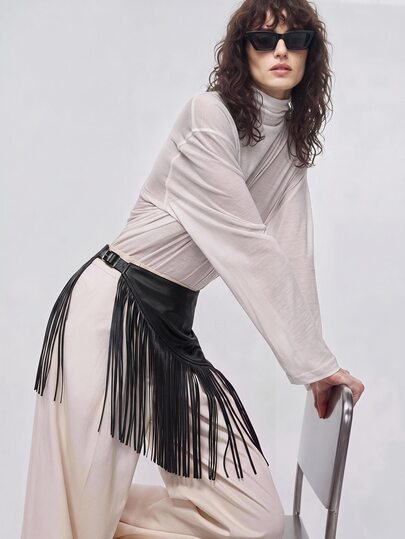 Ontre 2026 Summer Grunge 90s Elegant Commute Everyday Active Casual Loose Patchwork Tassel Black Solid Color Women's Skirt Slimming Heightening