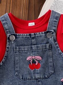 SHEIN Playful Pals Baby Girls 2 Piece Set Autumn Red Long Sleeve Rib Knit Ruffle Top With Cherry Embroidered Denim Overalls Jumpsuit Cute Toddler Infant Fall Clothing - Purple - View 8