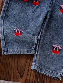 SHEIN Playful Pals Baby Girls 2 Piece Set Autumn Red Long Sleeve Rib Knit Ruffle Top With Cherry Embroidered Denim Overalls Jumpsuit Cute Toddler Infant Fall Clothing - Purple - View 5
