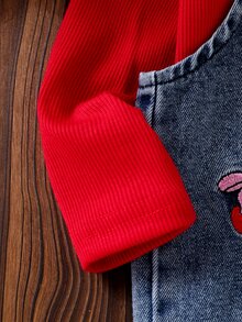 SHEIN Playful Pals Baby Girls 2 Piece Set Autumn Red Long Sleeve Rib Knit Ruffle Top With Cherry Embroidered Denim Overalls Jumpsuit Cute Toddler Infant Fall Clothing - Purple - View 6