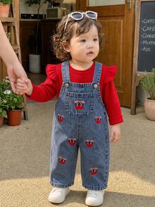 SHEIN Playful Pals Baby Girls 2 Piece Set Autumn Red Long Sleeve Rib Knit Ruffle Top With Cherry Embroidered Denim Overalls Jumpsuit Cute Toddler Infant Fall Clothing - Purple - View 2