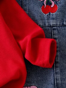 SHEIN Playful Pals Baby Girls 2 Piece Set Autumn Red Long Sleeve Rib Knit Ruffle Top With Cherry Embroidered Denim Overalls Jumpsuit Cute Toddler Infant Fall Clothing - Purple - View 7