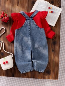 SHEIN Playful Pals Baby Girls 2 Piece Set Autumn Red Long Sleeve Rib Knit Ruffle Top With Cherry Embroidered Denim Overalls Jumpsuit Cute Toddler Infant Fall Clothing - Purple - View 3