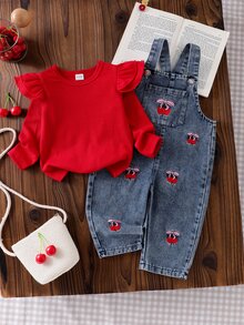 SHEIN Playful Pals Baby Girls 2 Piece Set Autumn Red Long Sleeve Rib Knit Ruffle Top With Cherry Embroidered Denim Overalls Jumpsuit Cute Toddler Infant Fall Clothing - Purple - View 4