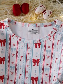 SHEIN Young Girl Christmas Bow Autumn/Winter Pajamas Snug Fit Long Sleeve Pants Print Snowflake - Multicolor - View 6