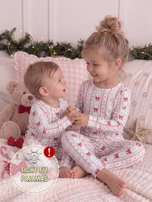 SHEIN Young Girl Christmas Bow Autumn/Winter Pajamas Snug Fit Long Sleeve Pants Print Snowflake - Multicolor - View 7